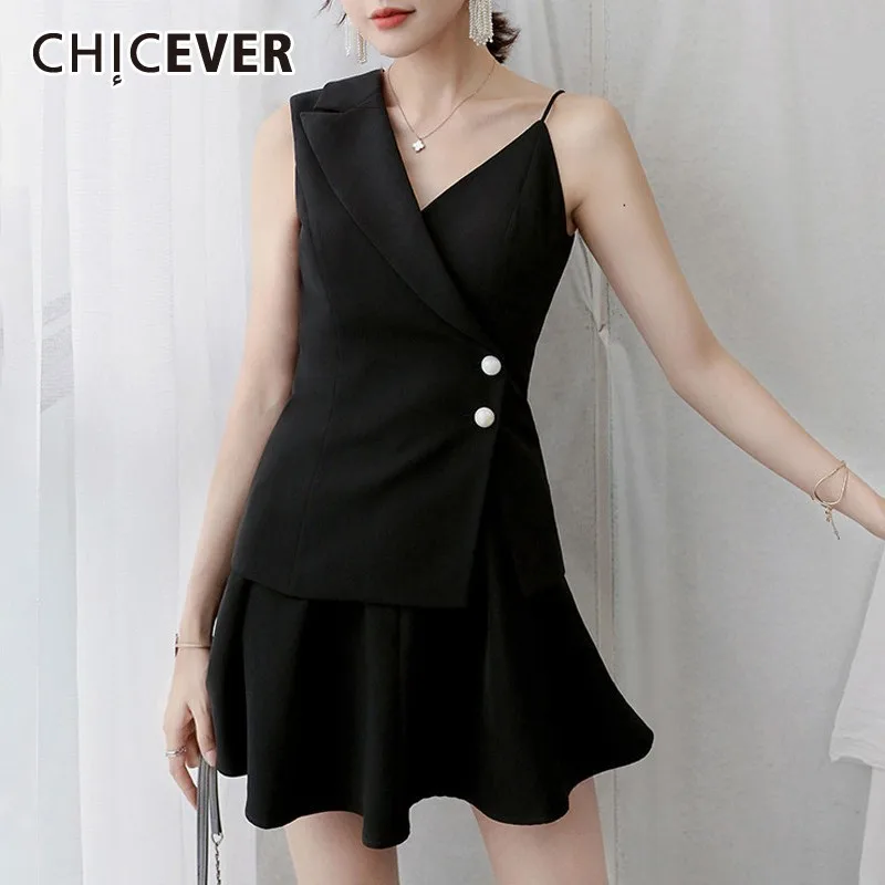 

CHICEVER Summer Korean Two Piece Set For Women V Neck Sleeveless Tops High Waist Pleated Skirt Set Female Fashion New 2019