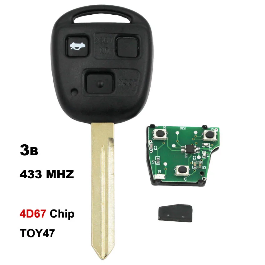 3 кнопки Автозапуск Брелок дистанционного ключа для Toyota RAV4 Corolla Yaris 433 МГц с 4C/4D67 чип внутри TOY47 необработанное лезвие - Количество кнопок: 4D67 Chip