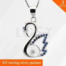 Nice jewelry Blue Swan charms 925 Sterling Silver necklace pendant accessories 3pcs, can stick pearls onto