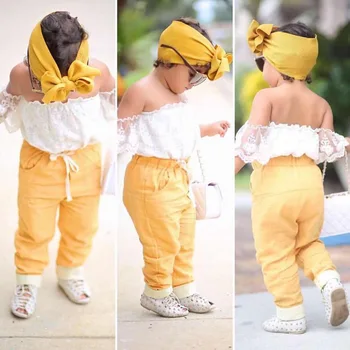 

Roimyal Wholesale 2019 summer new girls clothing set toddler kids shoulderlace white top + yellow trousers+headband 3pcs suit