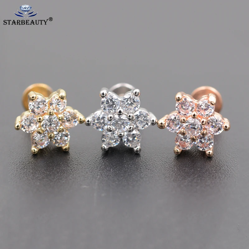 

1Pc Flower Zircon Lip ring piercing labret Tragus Ear Piercing Body Jewelry 1.2x6mm Rod surgical 316 Stainless Steel