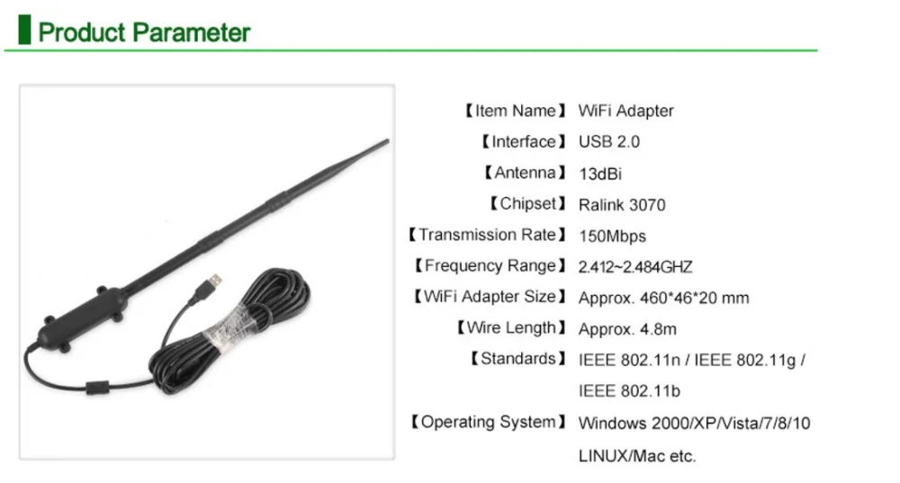 pc wifi adapter Ngoài trời Wifi Receiver 2.4 ghz 150 Mbps USB Không Dây Adapter 1 wát Công Suất Cao 13dBi Antenna 1.5 km Wifi Phạm Vi wifi AP mềm Phát bluetooth card