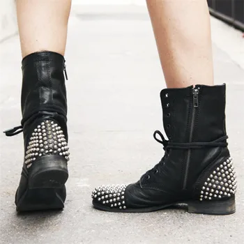

EMMA KING Punk Style Winter Black Slouch Ankle Boots Women Rivet Studded Cross-tied Gladiator Boots Round Toe Flat Shoes Women