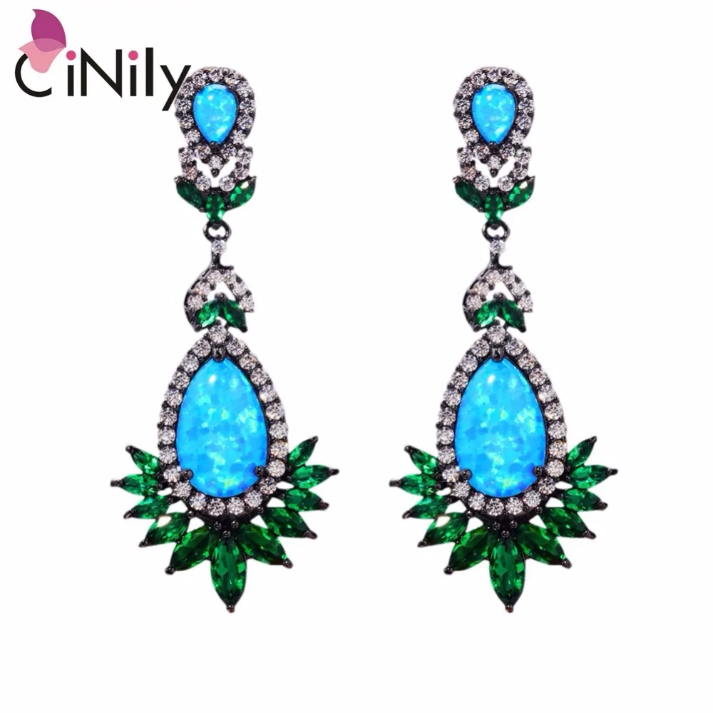 

Blue Fire Opal Green Quartz Cubic Zirconia Black Gold Earrings Wholesale & Retail For Women Jewelry Stud Earrings 2 1/2" OH3714