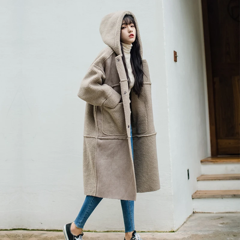 Goede Mode herfst winter lam haar stiksels suede jas vrouwelijke casual eenvoudige losse rechte dikke warme hooded lange oversize jacket