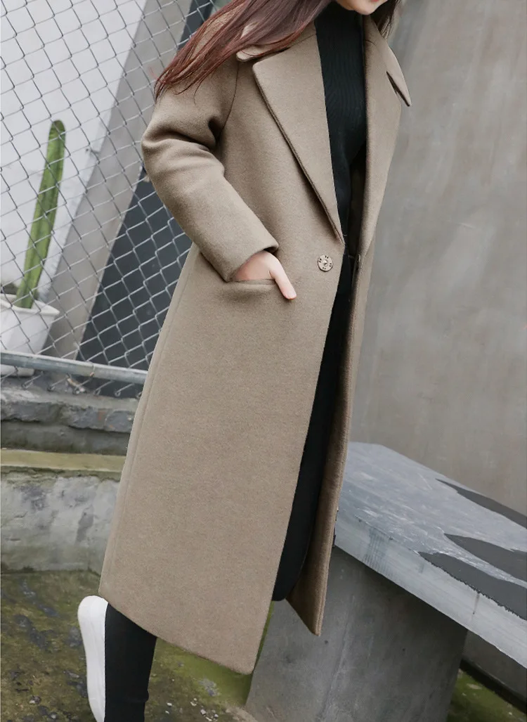 

2019 Fashion Woollen Overcoat Long Sleeve Autumn Winter Woman Loose Big code Outwear Jacket Medium length fund Coat 4 COLOR