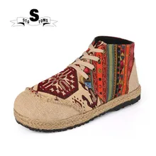 Осень женщин в этническом стиле модные высокие дышащие Лен Скейтбординг обувь twm0019