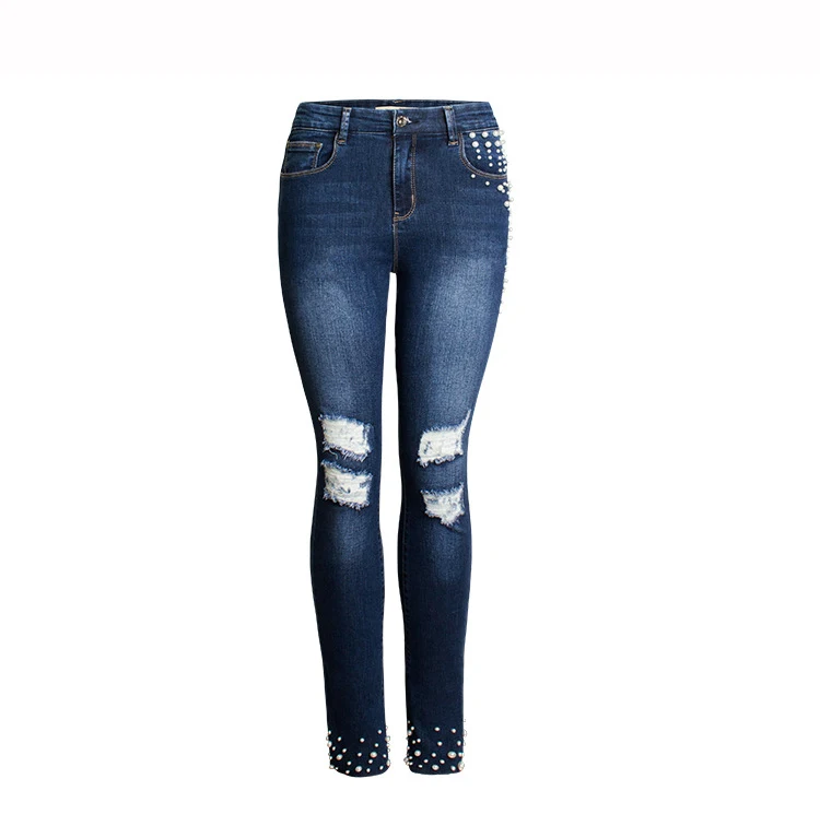 2018 Europe and the United States Women's new high-rise jeans Pearl beaded women's summer jeans trousers (8)