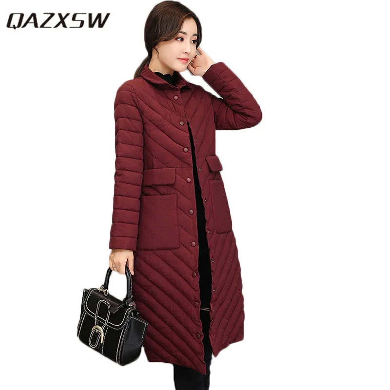 

QAZXSW New Women Winter Cotton Coat 2017 Slim Ultra Light Jacket Long Sleeve Parkas For Girl Warm Outwear Jaqueta Feminina HB365