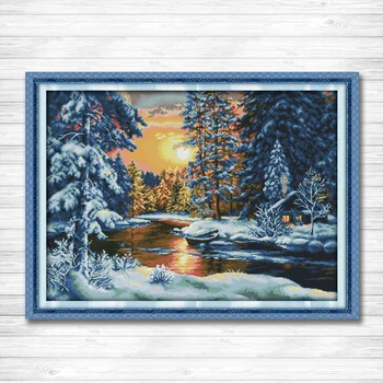 

Sunset snow forest river decor painting counted printed on canvas DMC 14CT 11CT DMS Cross Stitch Embroidery kits Needlework Sets