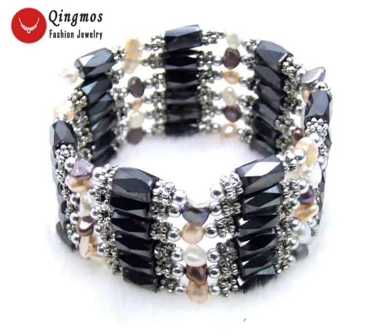 

Qingmos Pearl Bracelet for Women with 4-5mm Multicolor Baroque Pearl and Black Hematite Magnetic 38'' Long Necklace and Bracelet