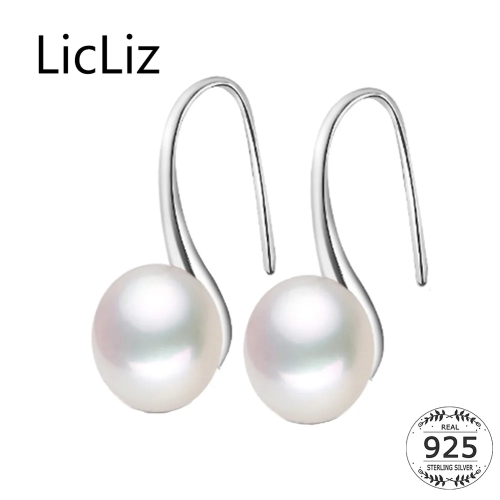 LicLiz Pure 925 Sterling Silver Earrings Drop Women Round Natural Freshwater Pearl Hook Dangle Earring Ear Drops Brincos LAE0009