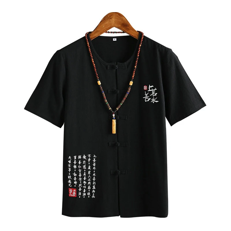 Хлопковая Льняная мужская футболка в китайском стиле с коротким рукавом, винтажные повседневные мужские футболки с пряжкой, летняя модная мужская футболка