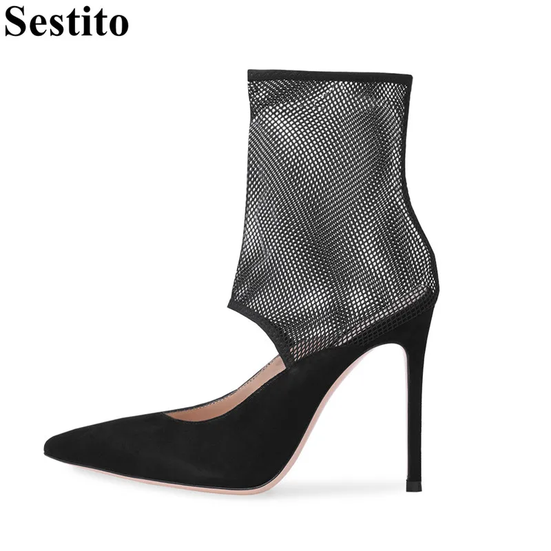 

Concise Black Flock Hollow Mesh Boots Pointed Toe Thin Heels Mid-Calf Boots For Women Slip-on Casual Women Shoes