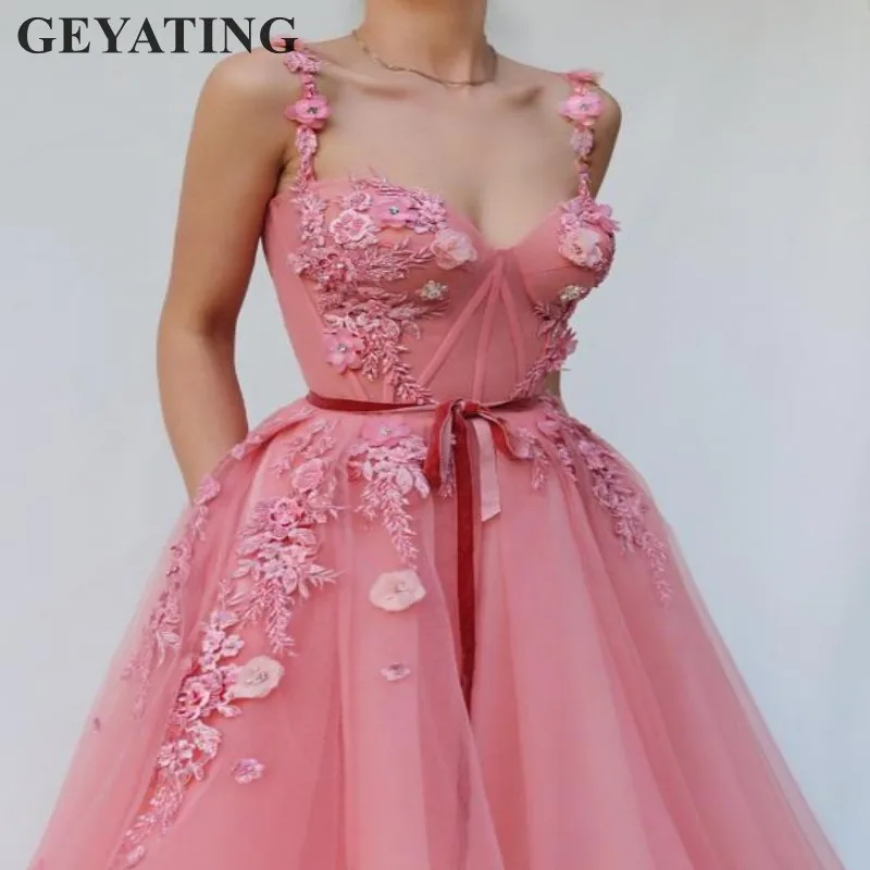 

2019 Elegant Pink Long Prom Dresses Tulle Embroidery Beaded Flowers Floor Length A-line Ladies Special Occasion Evening Gowns