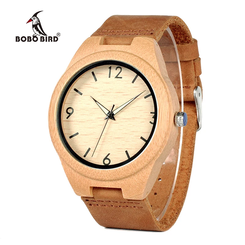 BOBO BIRD Men Watch Bamboo Wooden Quartz Wristwatches Male with Luminous Hands with Leather Band in Gift Box relojes hombre