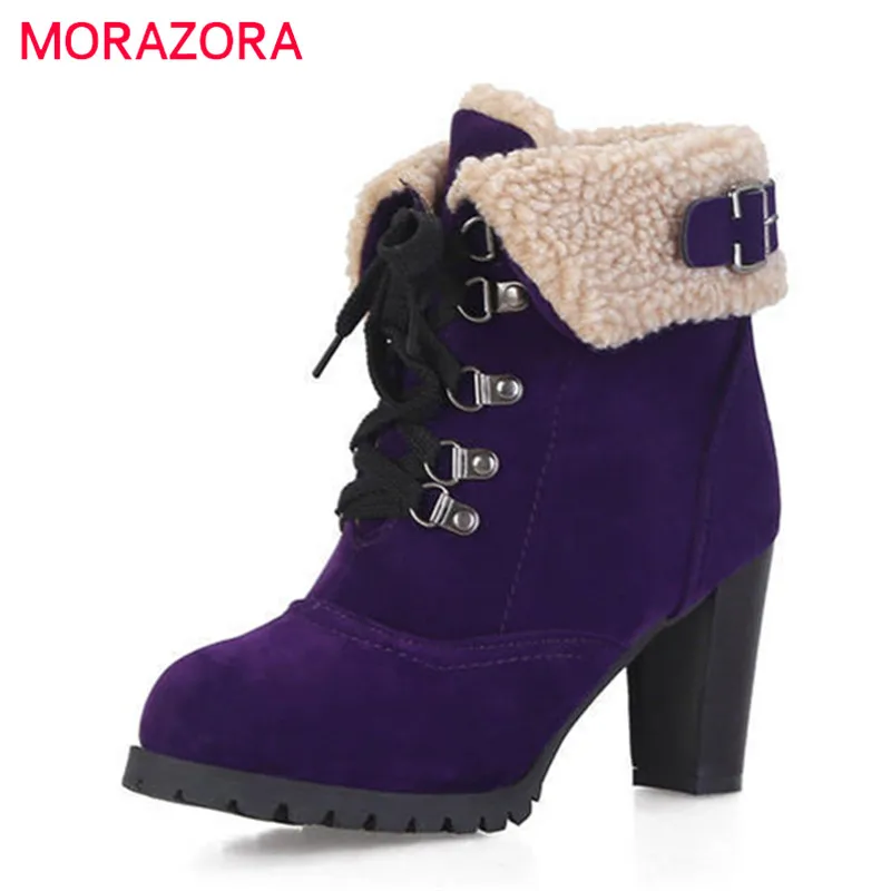 MORAZORA/; горячая распродажа; зимние ботинки; женские теплые ботинки из флока для русской зимы; сезон осень-зима; ботильоны для женщин на высоком каблуке со шнуровкой
