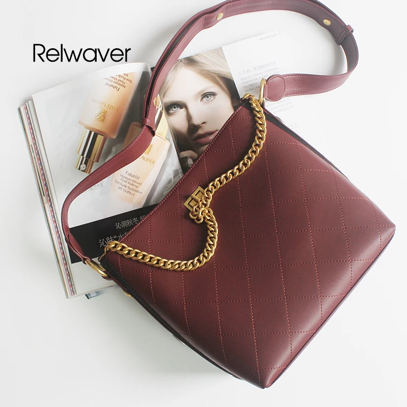 

Shoulder bag genuine leather napa second layer cowhide wine red black diamond lattice chain lock bucket women crossbody bag