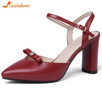

KARINLUNA 2019 New Fashion Large Size 33-43 Cow Leather Pointed Toe Buckle Bowtie Party Shoes Woman Sandals Woman Shoes