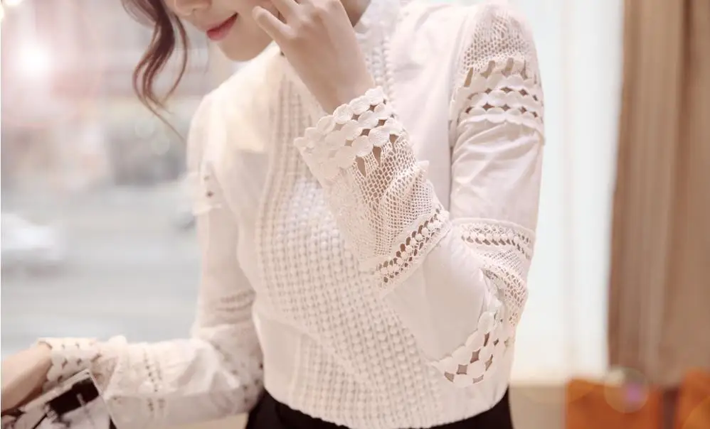 S-5XL Autumn Women's Shirts White Long-sleeved Blouses Slim Basic Tops Plus Size Hollow Lace Shirts Female High Quality J2531 12