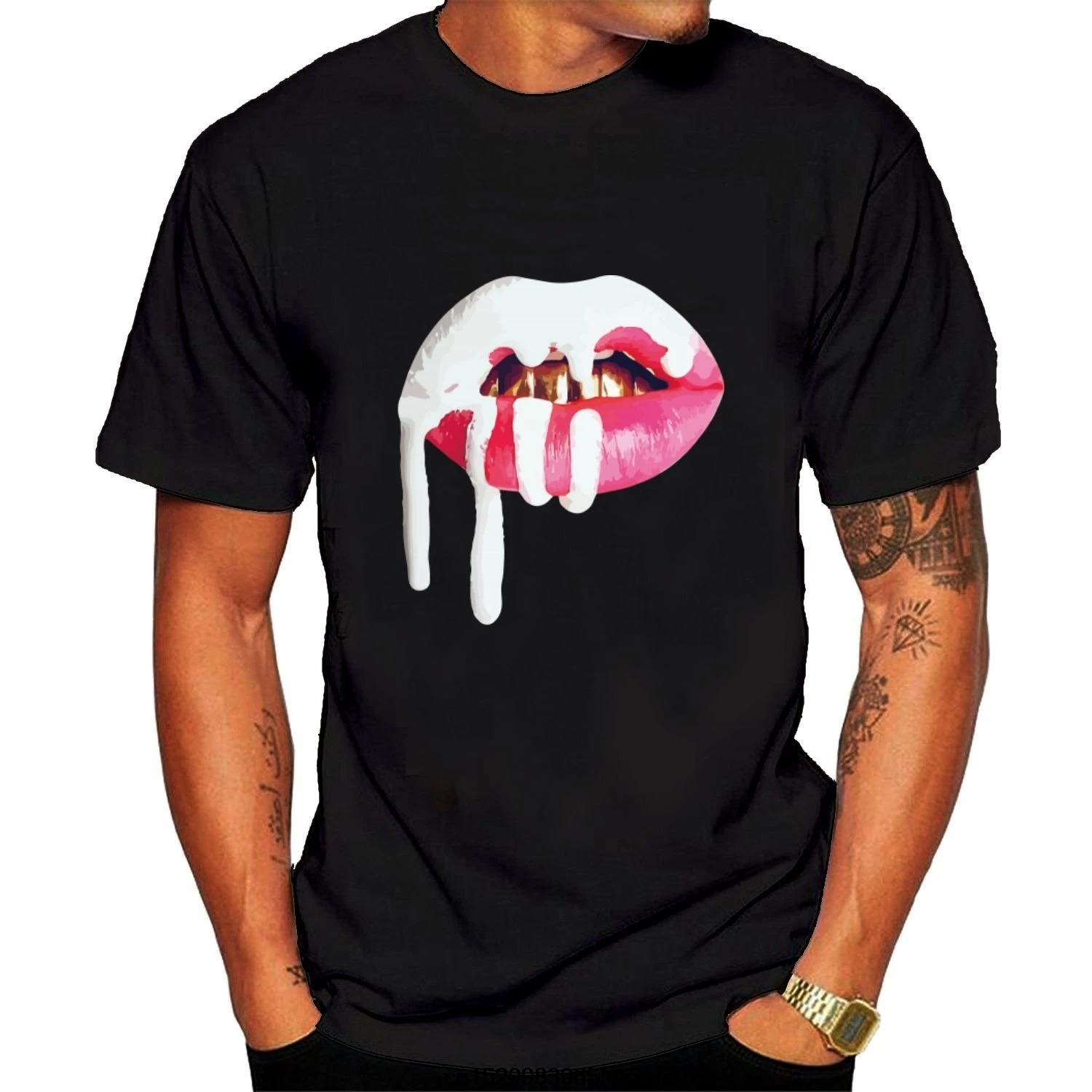 Men T Shirt Print Cotton Short Sleeve T-shirt Men's Kylie Jenner Lips Tee Black Short Sleeve