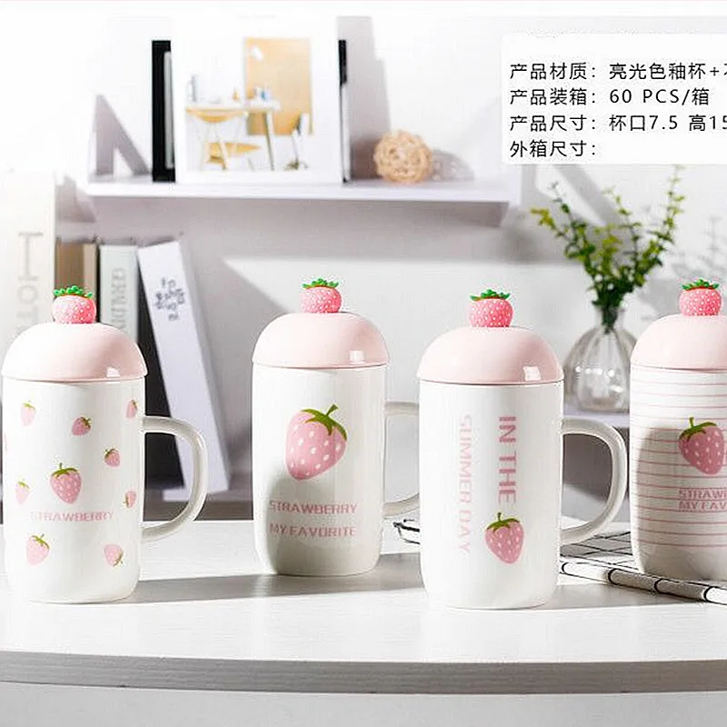 

Cute Strawberry Ceramic Cup Creative Pink Straight Cup with Lid with Spoon Chic Office Milk Coffee Mugs Student Milky Tea Mugs