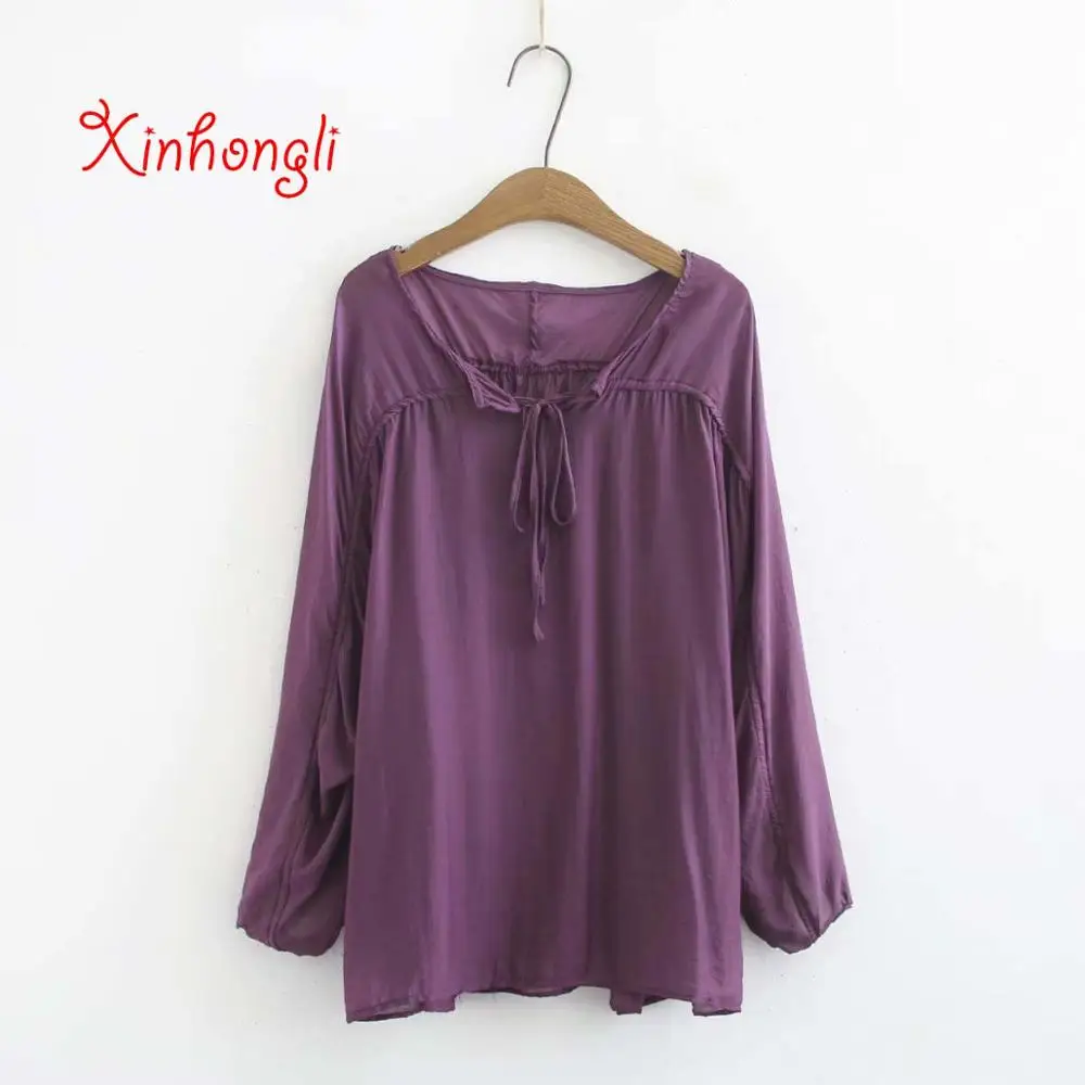 

Plus size loose through long sleeve women blouse 2019 summer casual ladies BOW thin shirts jacket female tops solid color shirts