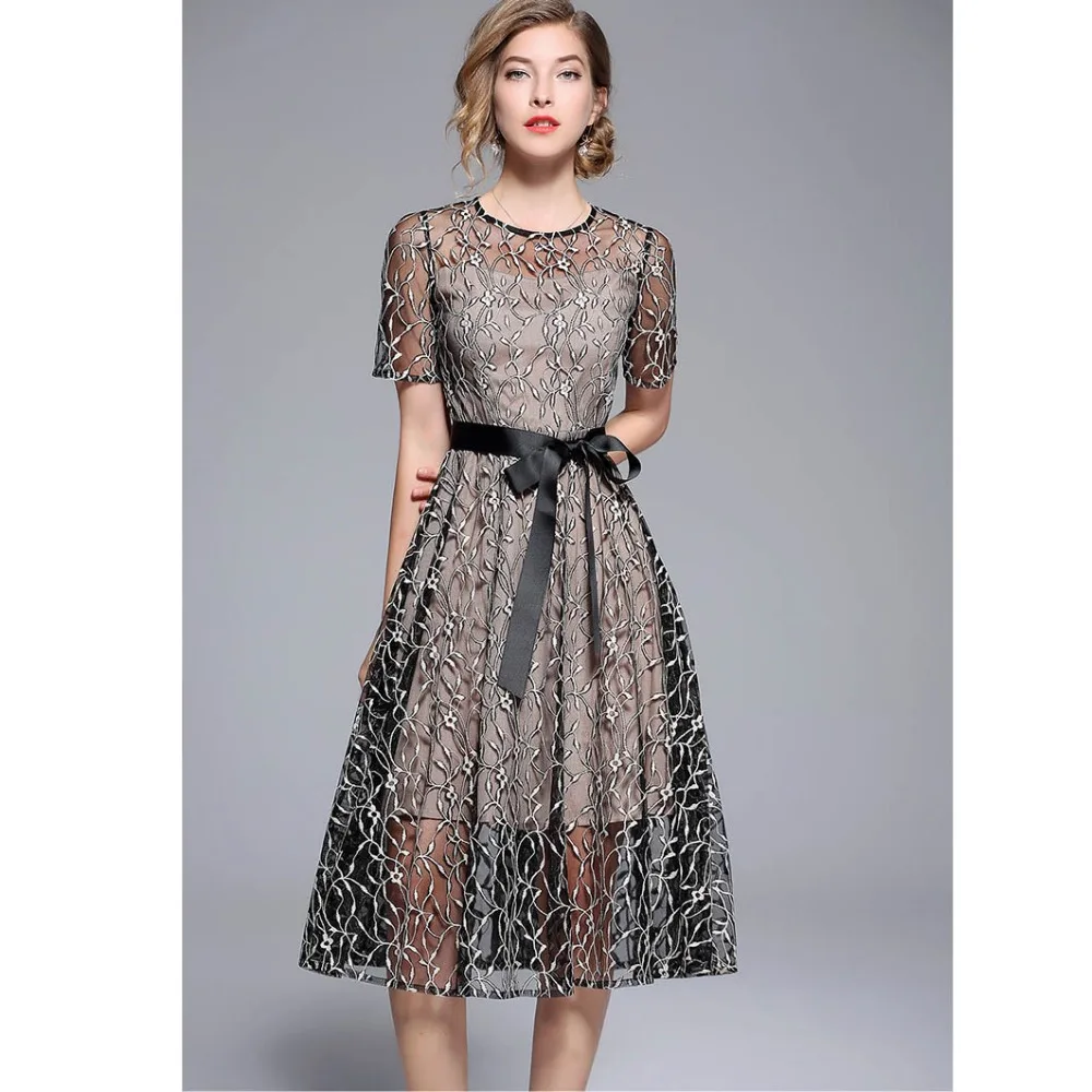 Elegant Hollow Lace Up Embroidery Two Pieces Office Dress