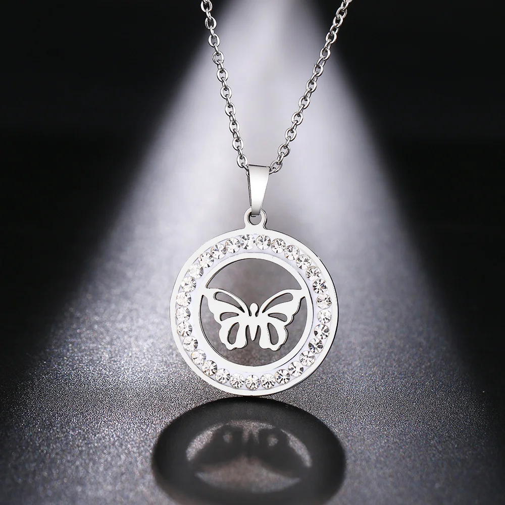 Cacana Stainless Steel Crystal Round Pendants Necklace Women Jewelry Butterfly Trendy Necklaces Donot Fade Valentine's Day Gift (6)
