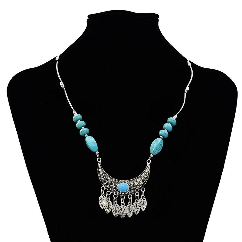 

Vintage Tibet Silver Color Boho Blue Stone Beaded Leaves Flower Tassel Necklaces Pendants for Girls Gypsy Turkish Exotic Jewelry