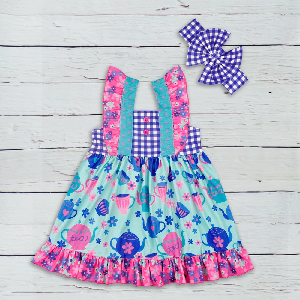 

New Arrival Little Summer Dress Girl Boutique Outfit Cotton Floral Dress Children Remake Tea Cup Pattern Clothes LYQ804-136