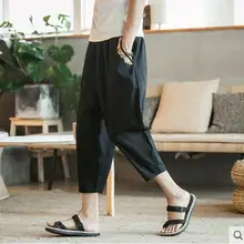 M-5XL! Китайский стиль летние мужские свободные льняные бриджи брюки с вышивкой тонкие 7 повседневные штаны-шаровары