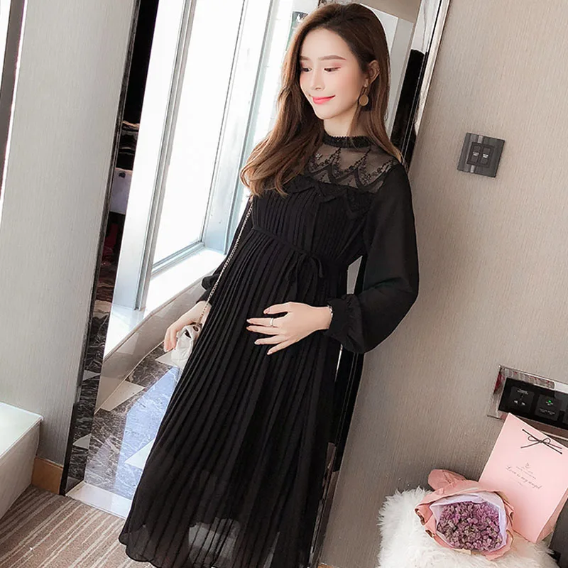 Высококачественные шифоновые платья; Одежда для беременных женщин; плиссированные платья с длинными рукавами; весеннее платье для беременных - Цвет: Черный