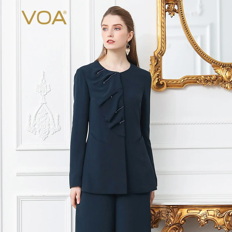 

VOA Heavy Silk Beading Suit Coat Plus Size 5XL Office Outerwear Solid Navy Blue Slim Jacket Women Long Sleeve Casual Spring W101