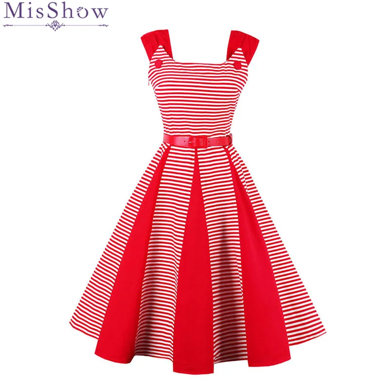 

MisShow 2019 Women Summer Dress Elegant Party Dress With Blet Halter Rockabilly Robe Sexy Vintage Off Shoulder Red Striped