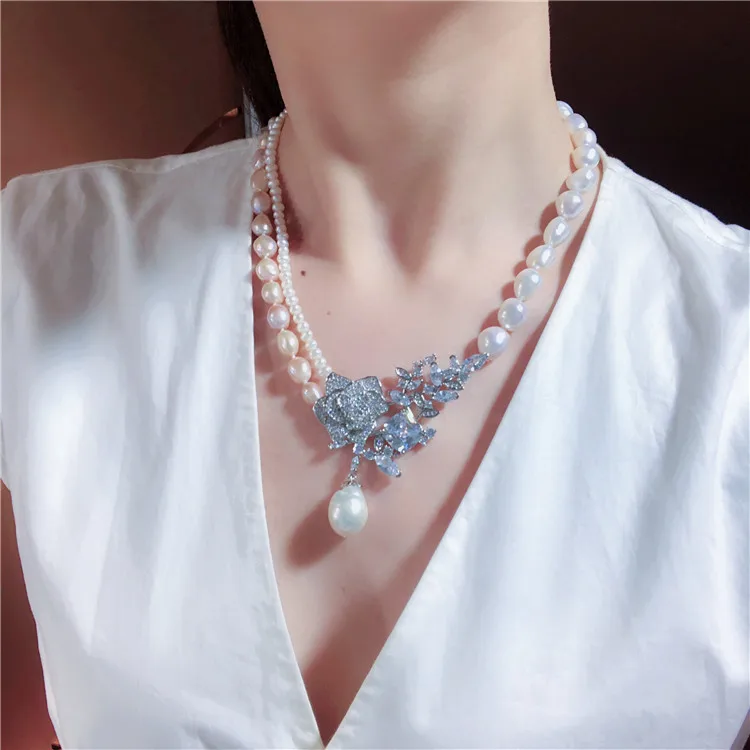 

Hand knotted natural white pink freshwater baroque pearl flowers micro inlay zircon accessories necklace