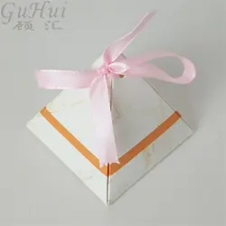 50 шт. Творческий треугольной пирамиды Мрамор стиль коробка конфет розовая лента свадебной вечерние поставки Bomboniere подарочная коробка