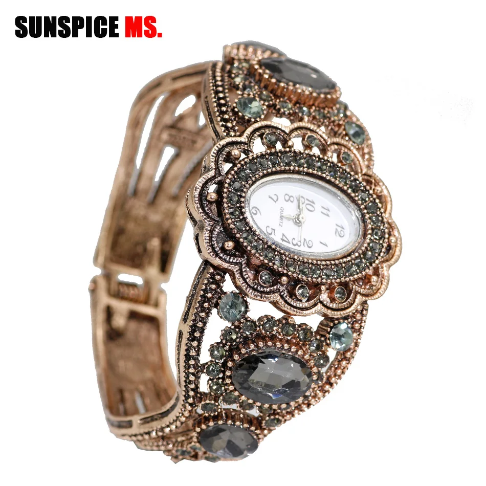 SUNSPICE-MS кварцевые наручные часы Ретро Винтаж браслет манжеты часы для женщин античное золото цвет полый цветок индийские ювелирные изделия Серый Кристалл - Окраска металла: 1535gray