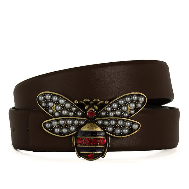 coffe belt Широкие коровьей небольшой пряжка в виде пчелы заклепки ремень для Для женщин Одежда высшего качества Гладкая натуральная кожа, пряжка Для женщин поясная цепочка - Цвет: coffe belt