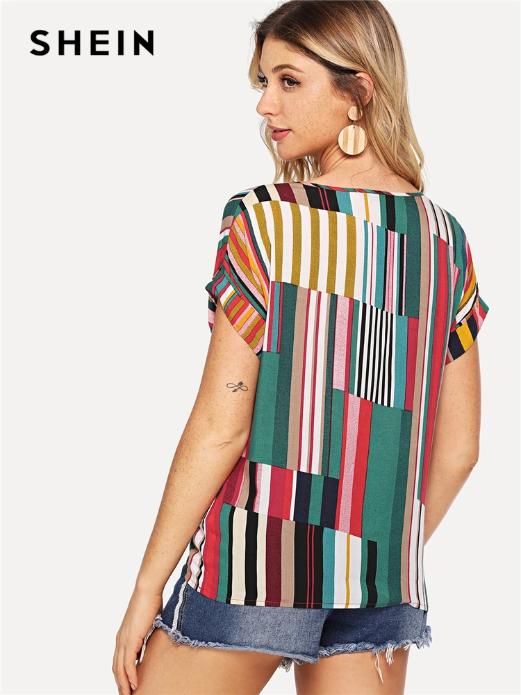 SHEIN Multicolor Mix Striped Print Rolled Up Tee Casual Scoop Neck Colorblock T-Shirt Women Summer Short Sleeve Tops SHEIN Multicolor Mix Striped Print Rolled Up Tee Casual Scoop Neck Colorblock T-Shirt Women Summer Short Sleeve Tops