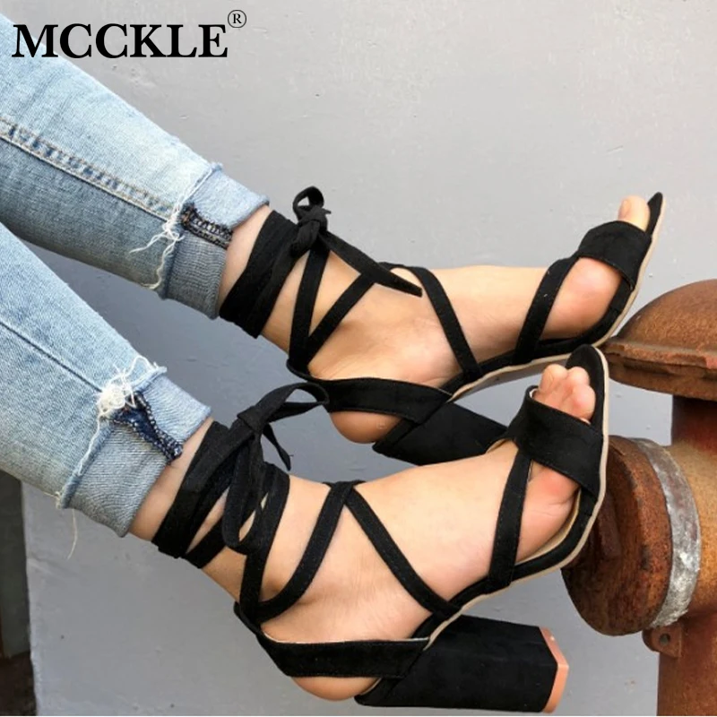 MCCKLE Women Plus Size Summer Ankle Strap High Heeled Sandals Female Cross Tied Lace Up Wedding Shoes For Girls Drop Shipping