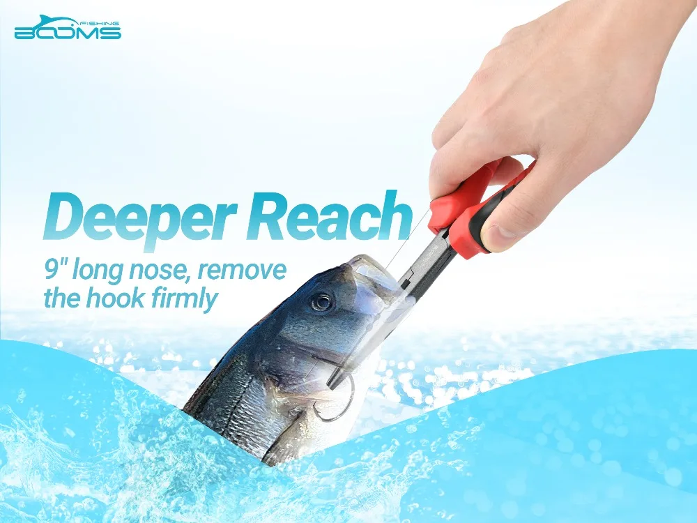Booms Fishing F13 Fishing Pliers Scissors Hook Remover Line Cutter Tools Split Ring Crimping Sleeves with Safety lanyard Sheath