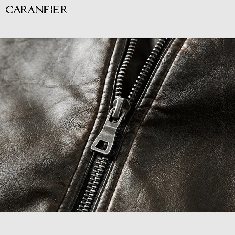 Мужские кожаные куртки CARANFIER высококачественное зимнее винтажное мотоциклетное