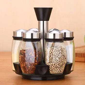 

7Pcs/Set Steel Glass Cruet Condiment Spice Jars Set Salt Pepper Shakers Seasoning Sprays Rotating Stainless New