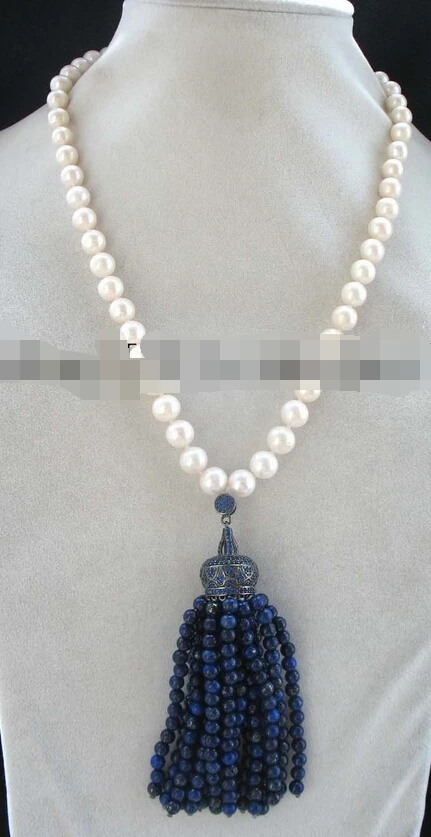

~~ 11.25 freshwater pearl white round lapis lazuli round necklace 18" Discount 35%