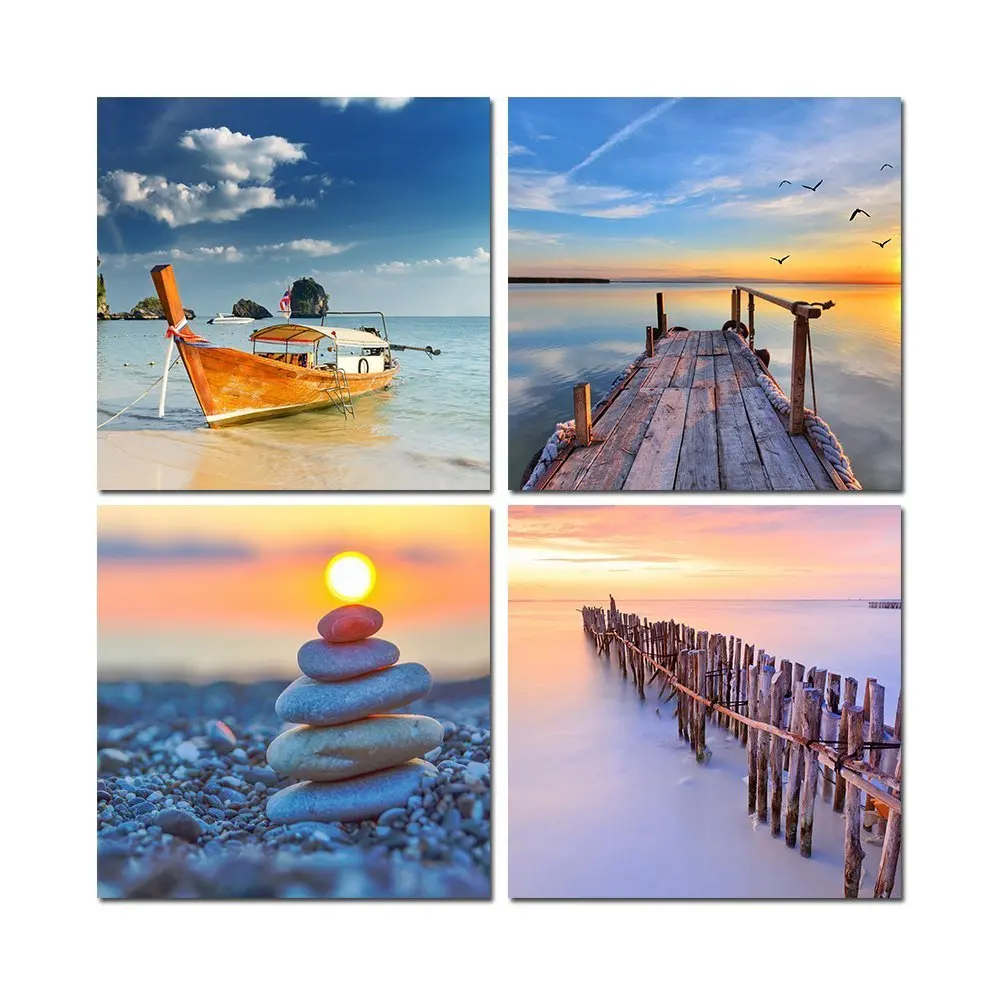 4 Pieces Wall Art Picture Gift Home Decor Posters And Prints Canvas Printed Painting Beautiful Sea Sunset For Living Room | Дом и сад