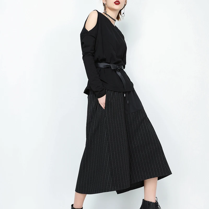 

LANMREM 2019 New spring High Waist Drawstring One Pocket Striped Split Joint Wide Leg Pants Women Trousers Fashion JE65601