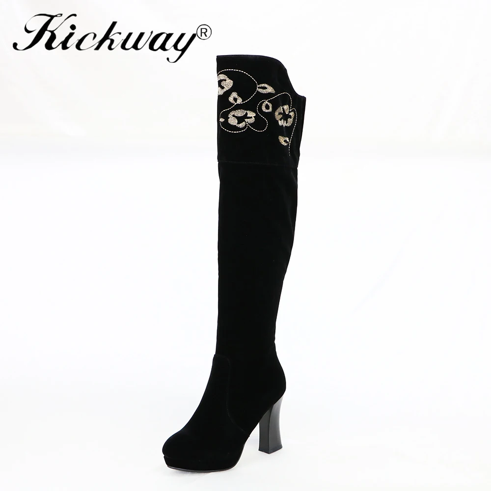 

Kickway 2017 Winter Leisure Style women's over the Knee Boots Round Toe with Floral embroidery Rubber Knight women Long boots