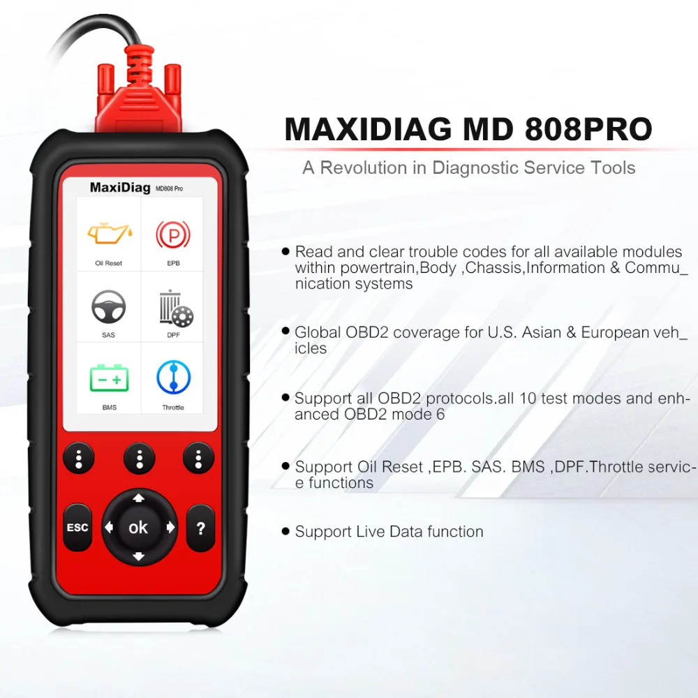 Autel MD808 PRO All System OBD2 Scanner Car Diagnsotic Tool support BMS/Oil Reset/ SRS/EPB/DPF Best Handheld Auto Scanner