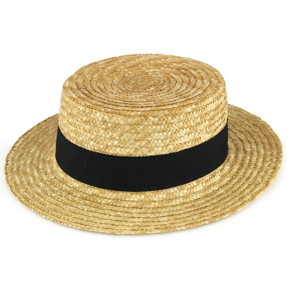 Straw Boater Hat Sailor Skimmer Black 